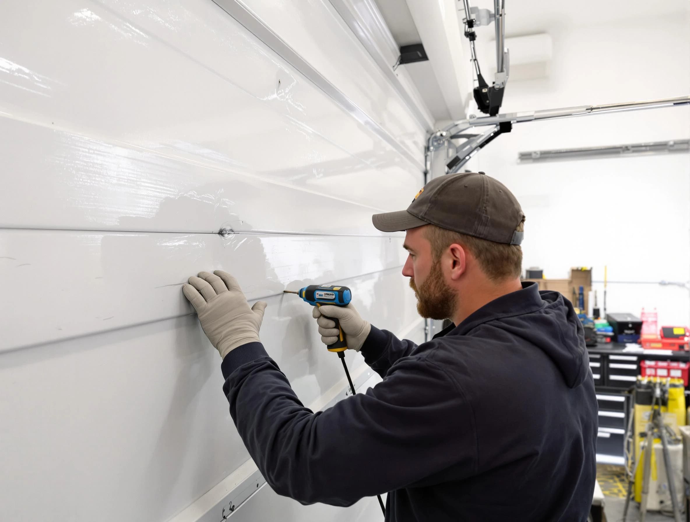Clinton Garage Door Repair technician demonstrating precision dent removal techniques on a Clinton garage door