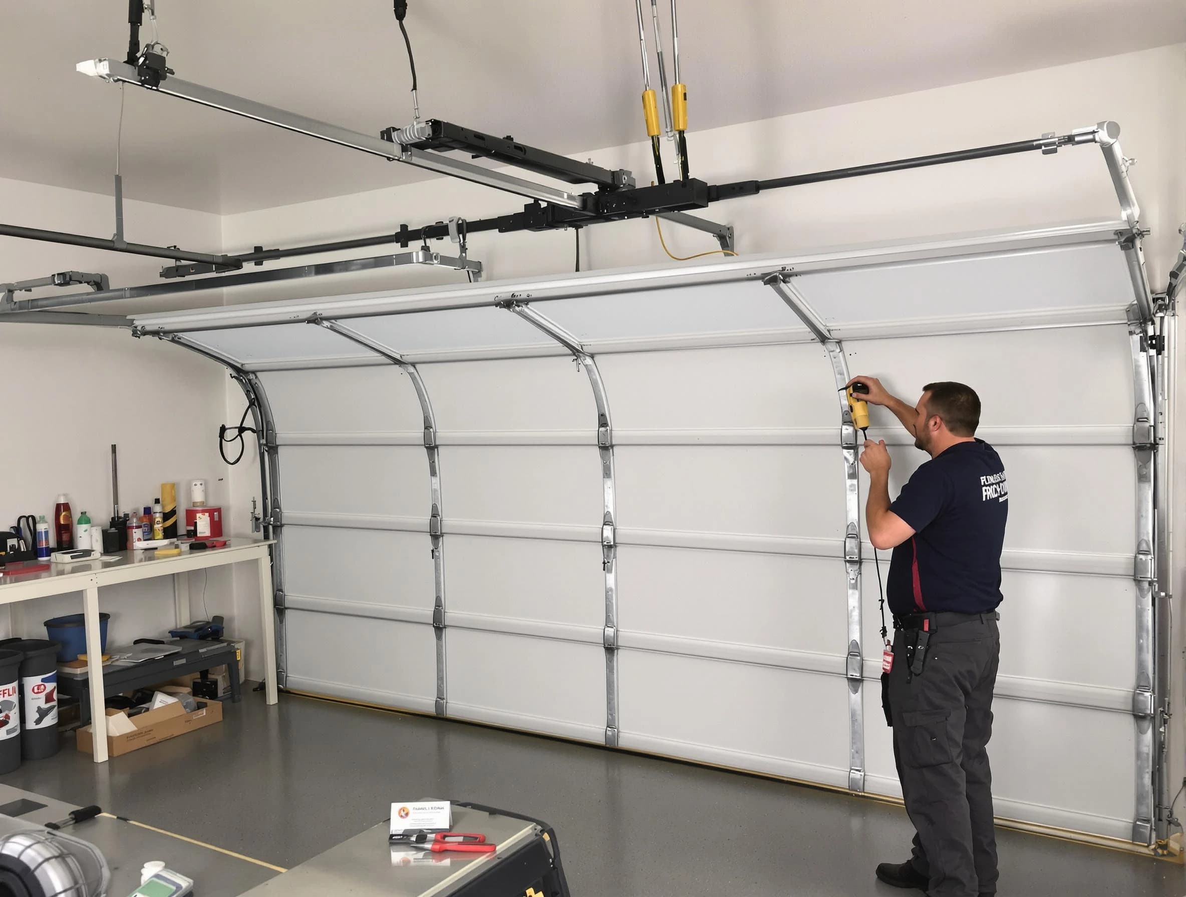 Clinton Garage Door Repair certified technician performing overhead door system repair in Clinton