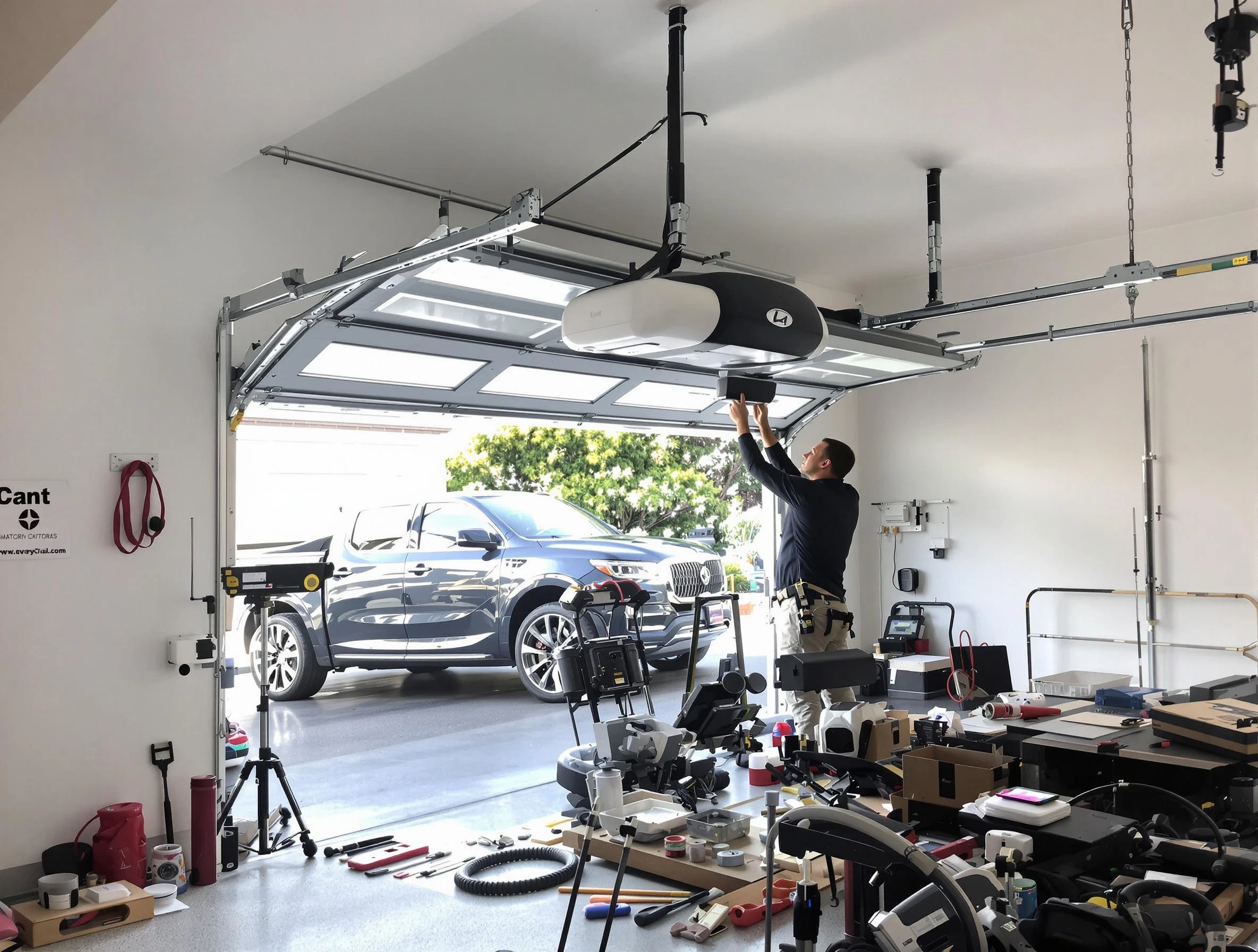 Clinton Garage Door Repair specialist installing smart garage door opener system in Clinton home