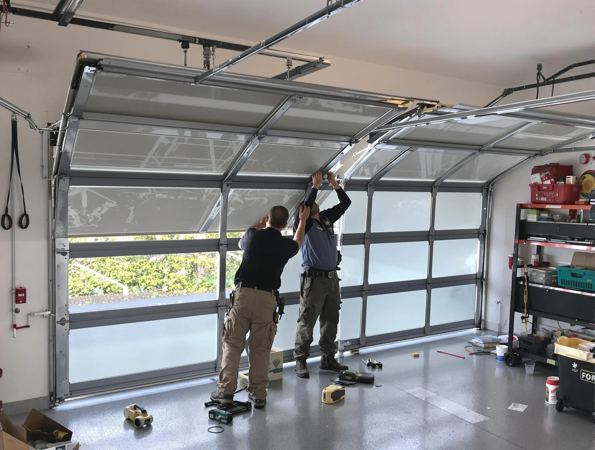 Clinton Garage Door Repair expert performing precise panel replacement on Clinton garage door