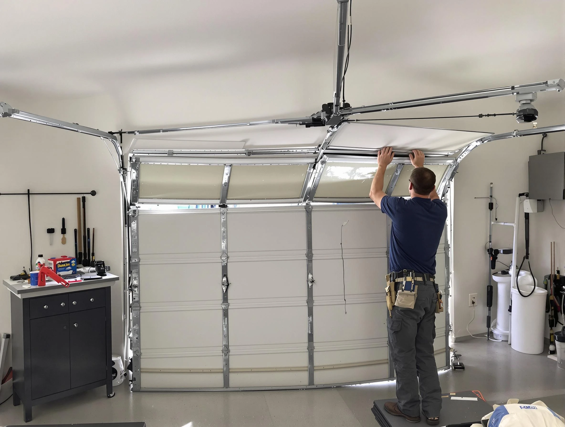Clinton Garage Door Repair specialist performing precise section replacement on Clinton garage door